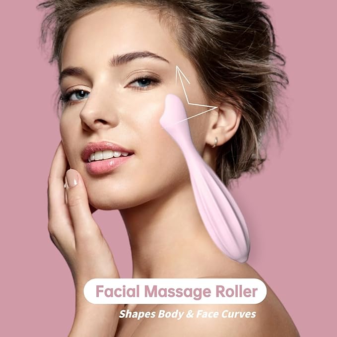 Silicone Facial Massage Roller, Face Massager Skin Lifting Tool Shapes Face Curves, Skin Care Beauty Lifting Contouring Massage Tool Reduces Tiredness Promote Circulation for Women (Pink)