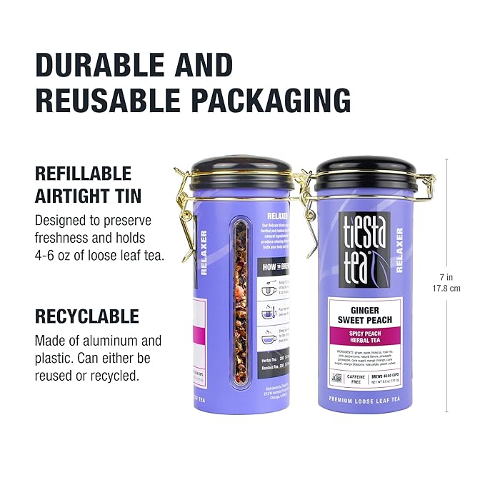 Tiesta Tea - Ginger Sweet Peach | Loose Leaf | Spicy Peach Herbal Tea | Tranquility Non-Caffeinated Blend | Bulk Hibiscus Leaves with Cane Sugar | Brews Up to 50 Cups | 6 Ounce Refillable Tin