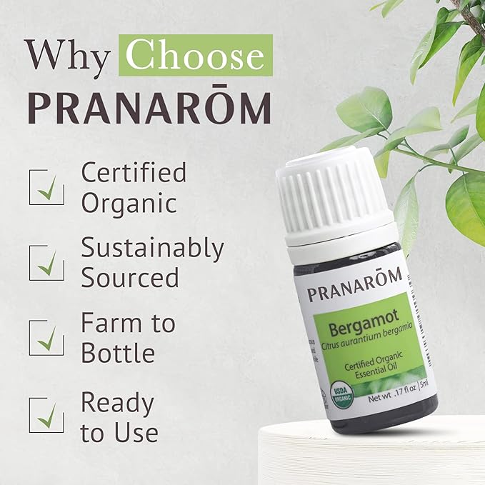 Pranarom USDA Certified Organic Bergamot Essential Oil (5ml), 100% Pure Undiluted Therapeutic Grade from Italy for Aromatherapy, Diffuser, Uplifting Scent, Immune Support, Relaxation, Sleep