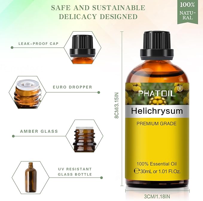 Helichrysum 1.01fl.oz Essential Oil, PHATOIL Pure Aromatherapy Oils for Diffuser, Humidifier, Perfect for DIY Soap, Candle, Bath Bombs Making(30ml)