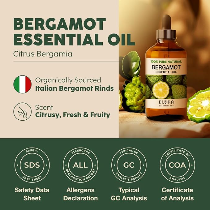 Kukka Bergamot Essential Oil for Diffuser and Skin - 4 Fl Oz - 100% Pure Natural Bergamot Oil for Aromatherapy, Hair Shampoo ,Bath Bomb & Soap Making Scent DIY