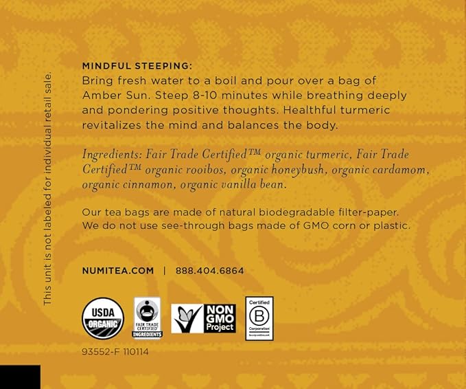 Numi Organic Amber Sun Turmeric Tea Bags, 15 Tea Bags (Pack of 6)