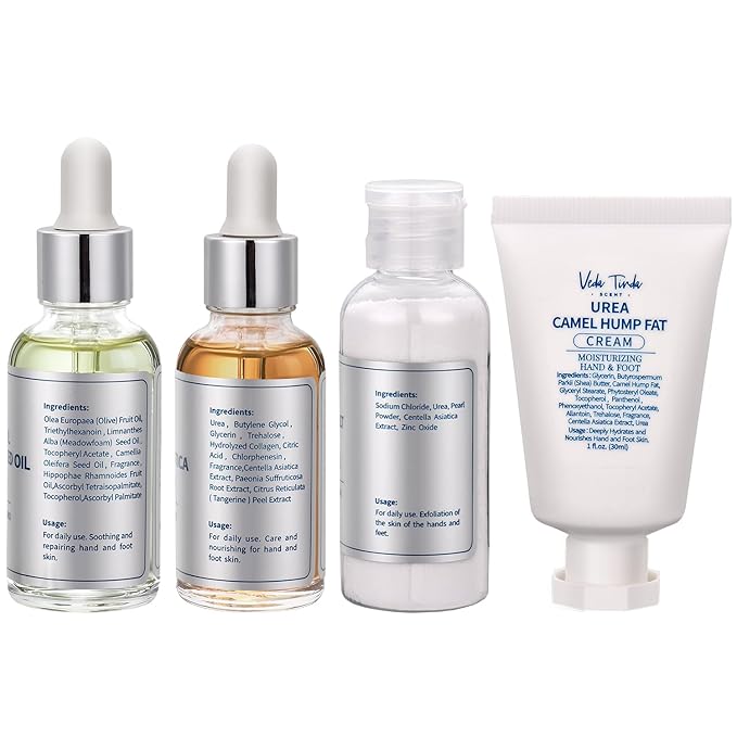 VTS Foot and Hand Care Kit - Includes Tea Tree Oil, Salt Scrub, Serum, Urea Cream 40 Percent, Moisturizing Heel Socks - Home Pedicure Spa Kit for Dry Cracked Heels Feet Knees Elbows Hands