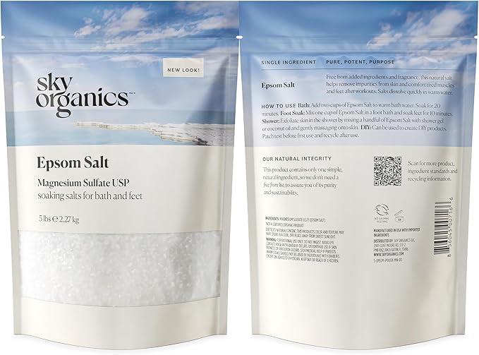 Sky Organics - Epsom Salt Bath Soak, 5 lbs - Magnesium Sulfate USP - 100% Pure, Medium Grain - Unscented - Soaking Bath Salts - Resealable Bag - Natural, Vegan & Cruelty Free - Self Care - Bath & Feet