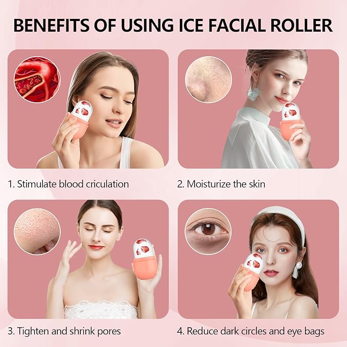 2pcs Ice Roller for Face and Eye, Silicone Ice Facial Roller Ice Holder, Face Ice Mold Skin Care, Face Icers Reusable Ice Cube Roller for Shrink Pores Anti Wrinkle Reduce Puffiness, Pink Green