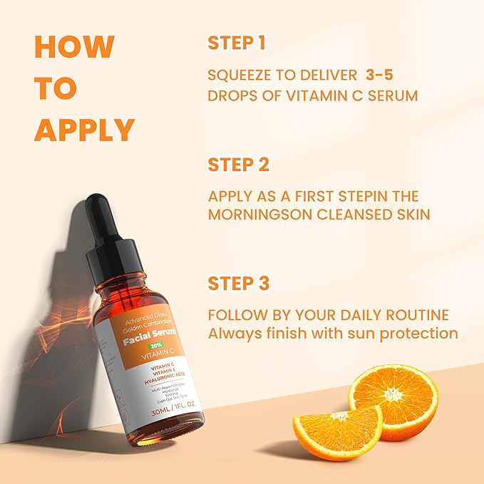 20% Vitamin C Face Serum with Golden Combination of Hyaluronic Acid and Vitamin E | Reduce Acne Spots | Even Skin Tone | Hydrating Face Serum Moisturising & Firming Skin Care | 1 Fl. Oz