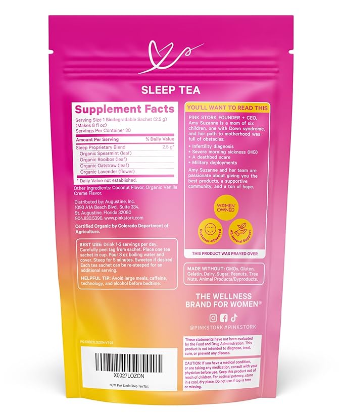 Pink Stork Organic Sleep Tea - Melatonin-Free - Calming Lavender Coconut Herbal Tea to Naturally Support Sleep - Pregnancy Friendly Bedtime Tea, Caffeine-Free - 15 Sachets, Hot or Iced