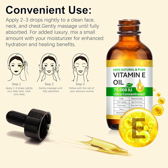 Pure Vitamin E Oil, 60ML Natural Organic Vitamin E Oil for Skin, Face and Scars, Body Massage Moisturizing Dry Skin, Nourish Hair and Scalp, 2 fl.oz