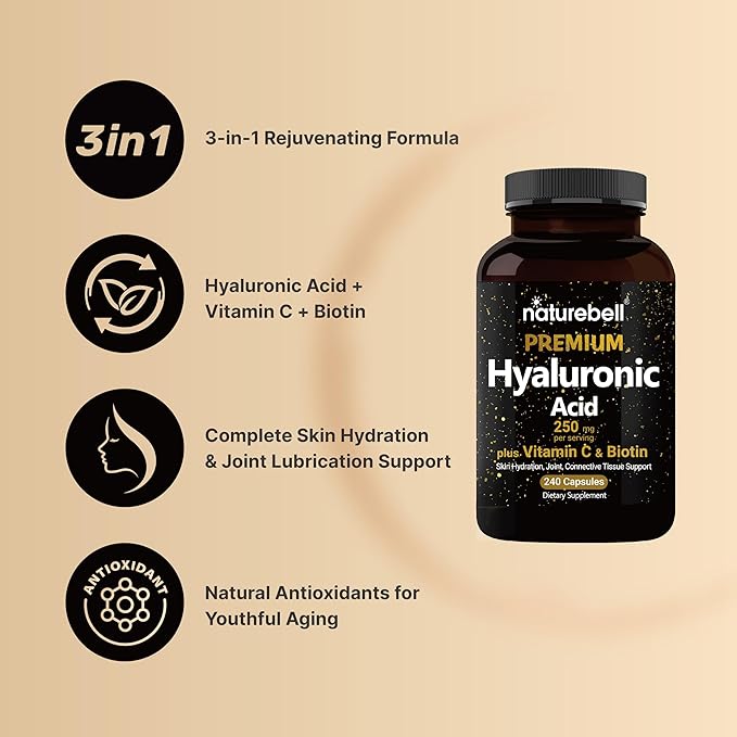 NatureBell Hyaluronic Acid Capsules with Biotin + Vitamin C & Colostrum 1,000mg Per Serving, 240 Capsules Bundle Pack | Complete Beauty Care Complex | Mother’s First Milk from Grass Fed Bovine