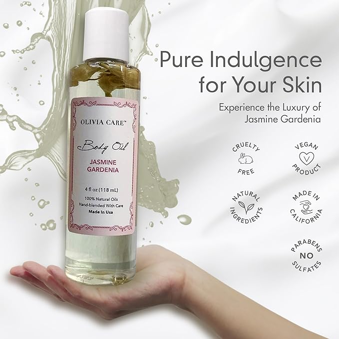 Olivia Care Jasmine Gardenia Body Oil Vegan & Natural Oil For Women | Hydrating & Moisturizing After Bath Oil - with VITAMIN E, K & Omega Fatty Acids Reduce Dry Skin - 4 OZ