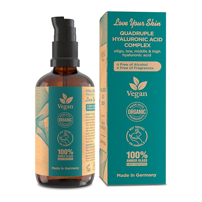 Organic Hyaluronic Acid Serum for Face | Best Hyaluronic Acid (Oligo) + 4 Hyaluronic Sizes - Highly Dosed | Hydrating Serum - Aging-Aging Moisturizer – Fragrance-Free | Made in Germany