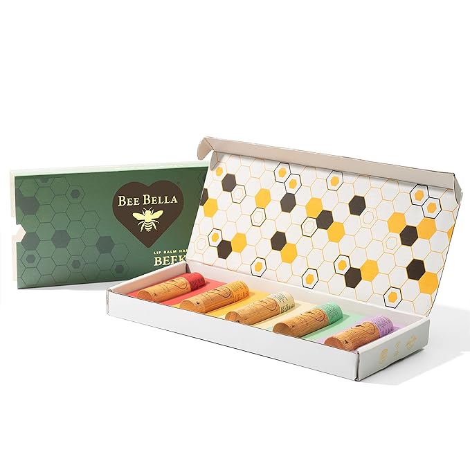 Bee Bella Lip Balm Variety 5 Pack Gift Set, Cherry, Pomegranate Mango, Vanilla Bean, Peppermint, & Lavender Vanilla, Easter Basket Gift, Organic Beeswax with Vitamin E, Handmade in USA
