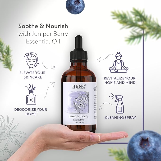 HBNO Juniper Berry Essential Oil - 4 oz (120 ml) Value Size - Natural Juniper Berry Oil - Perfect for Cleaning, Aromatherapy, DIY, Soap, fragrances & Diffuser