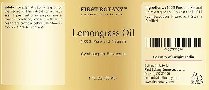 First Botany, 100% Pure Lemongrass Essential Oil - Premium Oil for Aromatherapy, Massage, Topical & Household Uses - 1 fl oz (Lemongrass)