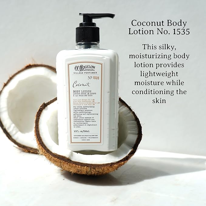 C.O. Bigelow Apothecary Duo, Coconut Body Care Gift Box with Body Soap & Lotion, Gift Set of Two - Moisturizing Lotion & Liquid Body Wash for Dry Skin - 10fl oz Each