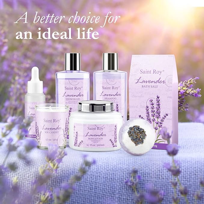 Spa Gift Baskets for Women - Lavender Gifts for Women, Bath Set with Shower Gel, Shampoo, Home Spa Kit Gifts for Her, Christmas, Mothers Day