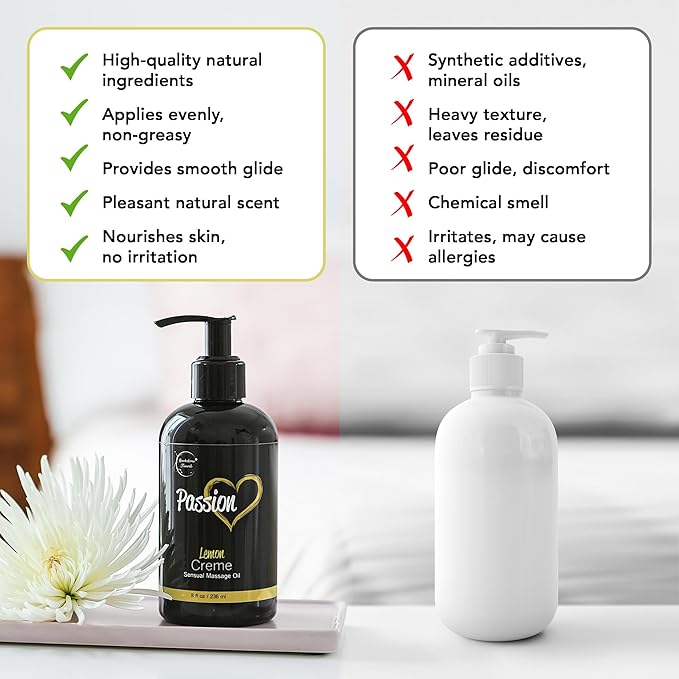 Passion Sensual Massage Oil for Date Night | 100% Natural Body Oil for Couples with Jojoba & Almond | Aromatherapy & Relaxing Massage Therapy | Perfect Glide & Smooth Skin | Lemon Crème Scent