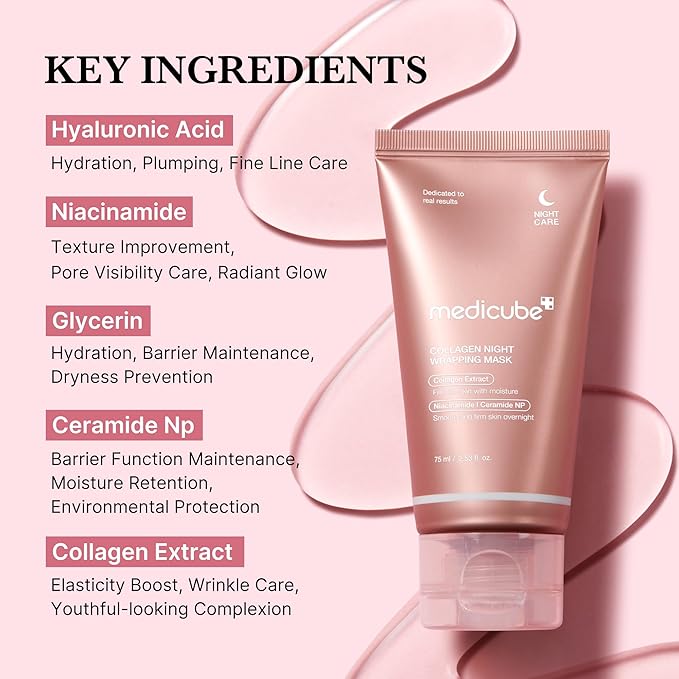 medicube Ultimate Pink Glow Skincare Trio: Mini Booster Pro Pink and Collagen Overnight Wrapping Peel Off Facial Mask Pack and Triple Collagen Serum 1.85 fl.oz (50ml)