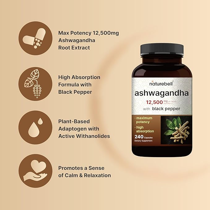 NatureBell Hyaluronic Acid Capsules with Biotin + Vitamin C & Ashwagandha 12,500 mg Equivalent with Black Pepper Bundle Pack | Complete Beauty Care Complex | Adaptogens Supplements for Relaxation