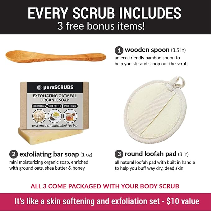 pureSCRUBS Premium Lemongrass Dead Sea Salt Body Exfoliator Scrub, Full Exfoliating Body Scrubber - Large 16oz Jar, Filled With Essential Oils, Includes Spoon, Loofah & Exfoliating Skin Soap