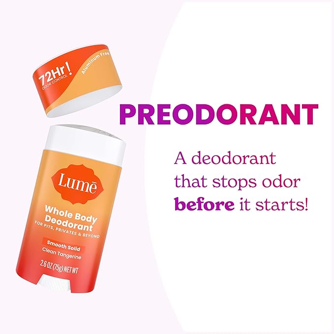 Lume Skin Care Gift Set for Women, Whole Body Deodorant Starter Pack -Smooth Solid Stick, Invisible Cream Tube, Acidified Body Wash Mini & Deodorant Wipes -Aluminum Free Odor Control (Clean Tangerine)