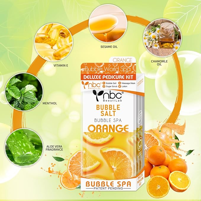 Pedicure Kit Foot Soak Set: Bubble Salt, Sugar Scrub, Massage Mask, Massage Lotion in a Box, 4 Step Foot Spa Kit for Dry Feet, Softens Calluses and Tired Feet(1 Set Orange)