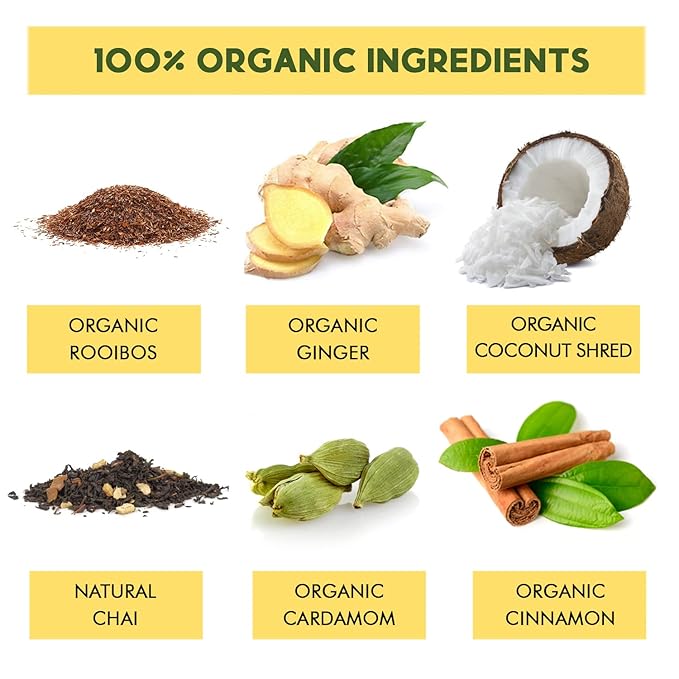 Coconut Rooibos Chai Tea Pods for Keurig - Organic Ginger Tea, Rooibos, Cinnamon, Cardamom, Coconut & Chai by Teavity (24 Tea Pods)