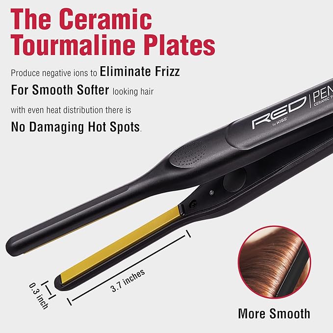 KISS Pencil Flat Iron & Heat Protector Hair Serum Bundle - Ceramic Tourmaline Plates - 3/10" - Straightens from Root - Medium Hair - 460F Max Temp