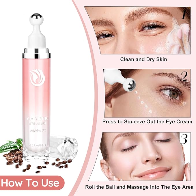 5% Caffeine Eye Serum, Cream with 360°Massage Ball for Dark Circles, Puffiness and Fine Lines, 0.5 fl.oz Under Eye Roller Cream, Efficient in Firming Eyelids