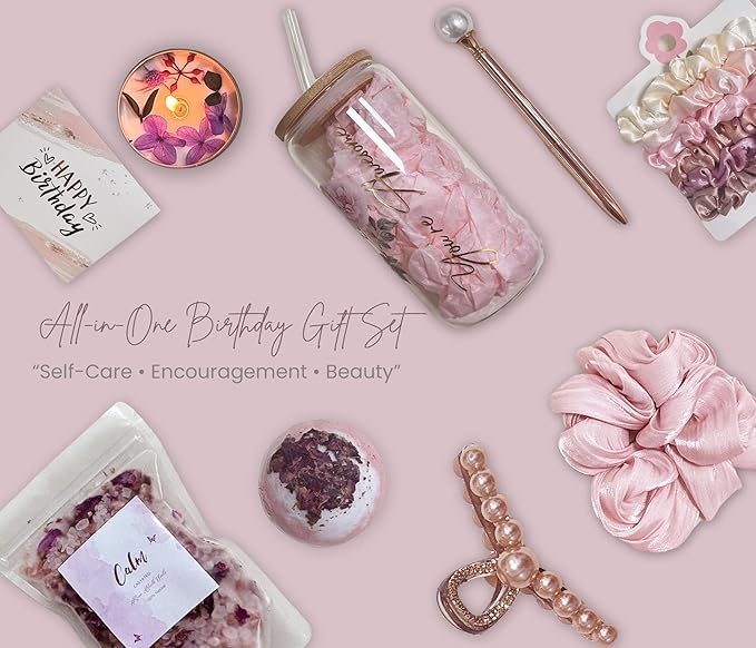 Birthday Gift Box for Women โ Rose Gold Pink Aesthetic Gifts for Her โ Self Care Relaxation Package for Wife, Girlfriend, Sister, Best Friend โ Unique Spa Gift Idea (gold)