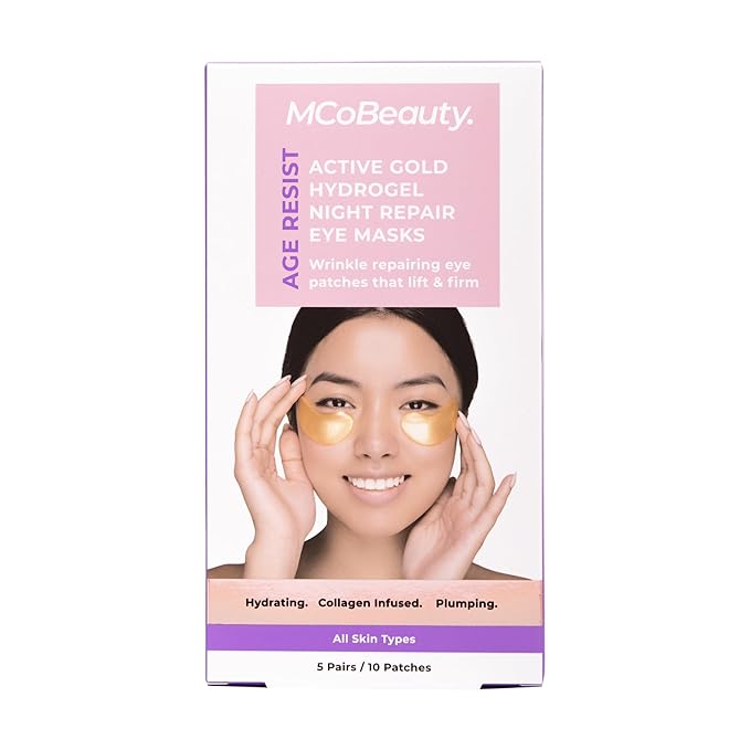 MCoBeauty Age Resist Active Gold Hydrogel Night Repair Eye Patches, Brightening & De-Puffing, with Collagen and Hyaluronic Acid, Vegan, Cruelty Free Cosmetics