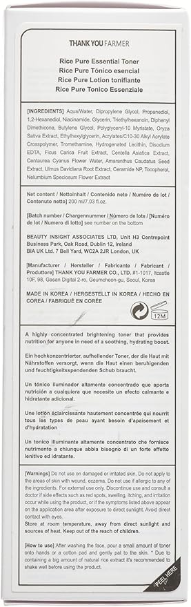 THANKYOU FARMER Rice Pure Toner β Hydrating K-Beauty Face Milk with Niacinamide & Centella β Vegan Korean Skincare for Men & Women, All Ages β Natural Toner for Dry, Sensitive Skin (7.03 oz)