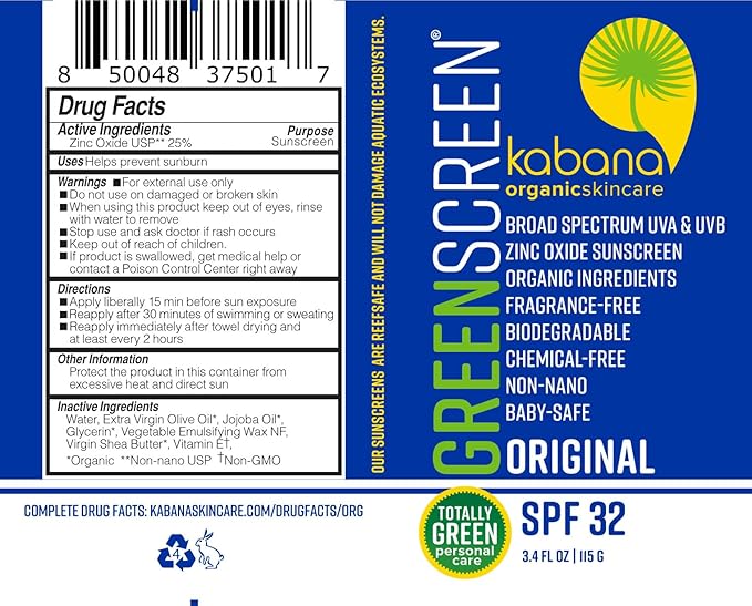 Green Screen Organic Zinc Oxide Sunscreen SPF 32 - Original - Vegan - Soy Free - Gluten Free - 6.8 fluid ounces/230g - TSA Carry On Compliant