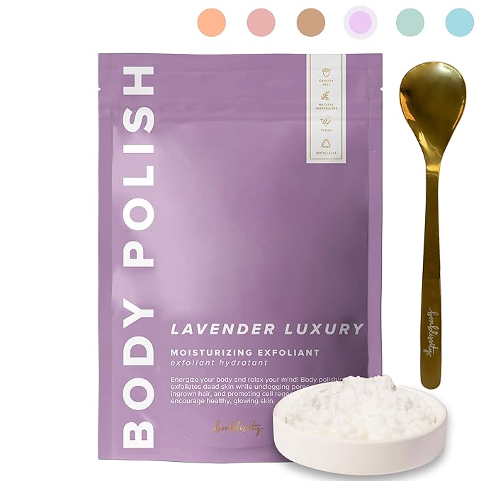 Body Polish, 8oz. - Lavender Luxury Scented Body Scrub Exfoliator for Women, Exfoliating Sugar Scrub To Lotion Moisturizer, Gentle Exfoliant for Dry and Sensitive Skin, Handmade in USA