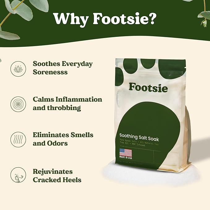 Footsie Soothing Tea Tree Oil Epsom Salt Soak - for Calluses, Aches & Pain, Athlete's Foot - Made in USA - Soothes Cracked Heels, Flaky Skin - 100% Organic, Pedicure Spa Salt - 48 Ounces