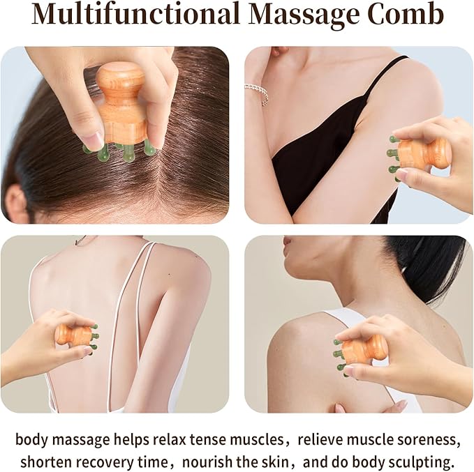 Natual Jade Massage Head, with Wooden Hander Comb,for Scalp Massager, Head Ficial, Body Acupressure Tool,gua sha Scraping, Relieve Fatigue,Stress Relax Device,for Hair Growth (Green)