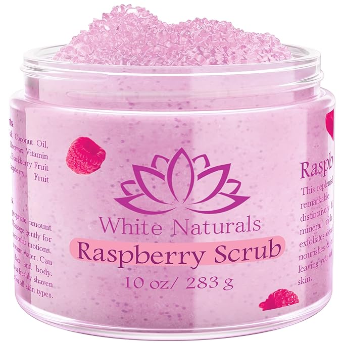 Organic Raspberry Scrub, Natural Exfoliating Salt Body & Face Scrub, Pure Exfoliator Helps with Moisturizing Skin, Cellulite, Dead Skin Cells, Deep Cleansing, Moisturizes 10 oz