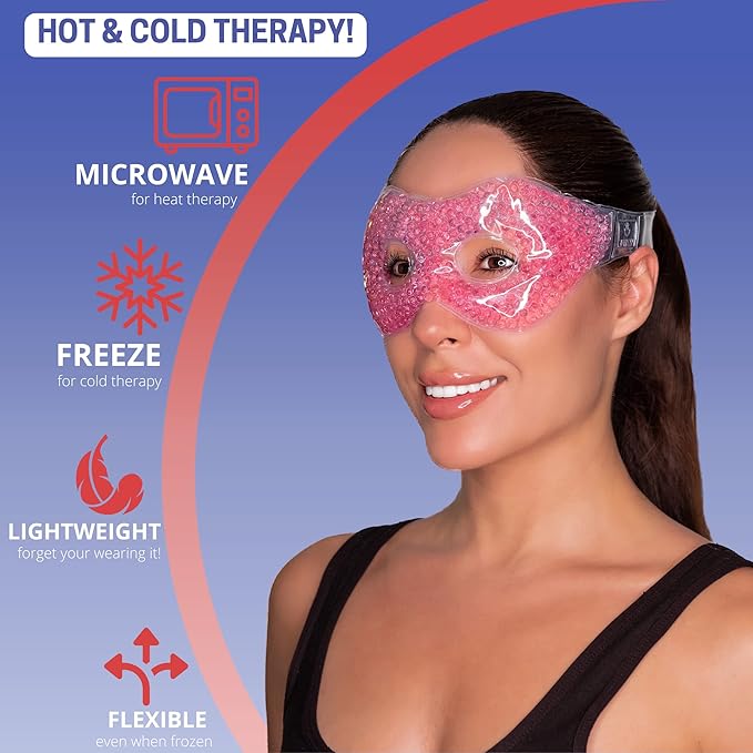 Gel Mask With Eye Holes - Hot Cold Compress Pack for Puffy Eyes, Dry Eyes, Headaches, Migraines, Sinus, Dark Circles - Reusable Face Therapy | Ergo Gel Bead (Pink)