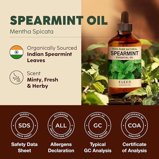 Kukka Spearmint Essential Oil for Facial Hair & Skin Care - 4 Fl Oz, 100% Pure Natural Aromatherapy Oil for Mother's Day Gifts, Diffusers, Bath Bombs, Soaps & Candles - DIY & Soap Making