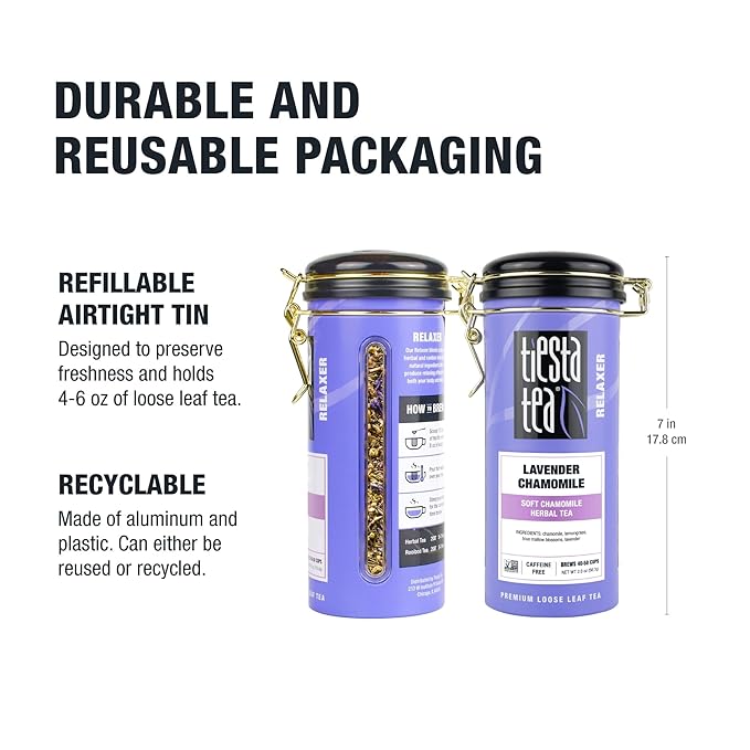 Tiesta Tea - Lavender Chamomile | Loose Leaf | Soft Chamomile Herbal Tea | Premium Non-Caffeinated Blend | Make Hot or Iced & Brews Up to 250 Cups | 8oz Bulk Pouch & 2oz Refillable Tin Combo