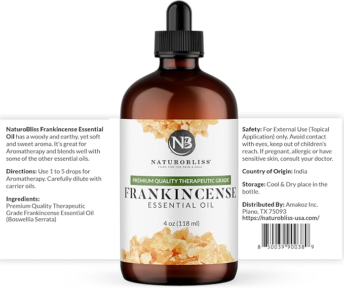 NaturoBliss 100% Pure Frankincense Essential Oil Therapeutic Grade Premium Quality (4 fl. oz) with Glass Dropper, Perfect for Aromatherapy