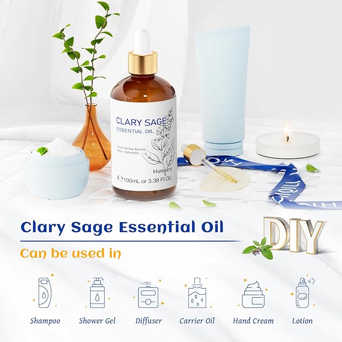 HIQILI Clary Sage Oil Essential, Herbal Sooth Aroma in Diffuse for Anxiety Relief, Meditation, Calming Sleep at Bedtime, Body Massage, Moisturize Skin, DIY Deodorant Spray - 100ML