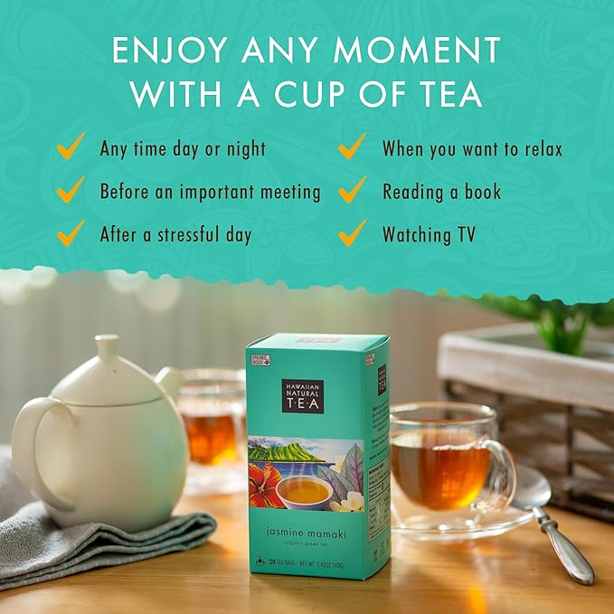 Hawaiian Natural Tea Organic Mamaki Jasmine Green Tea Blend - Antioxidant-Rich, Calming, Wellness Tea for Bedtime, Anxiety & Stress - Gift for Tea Lovers - 120 Tea Bags