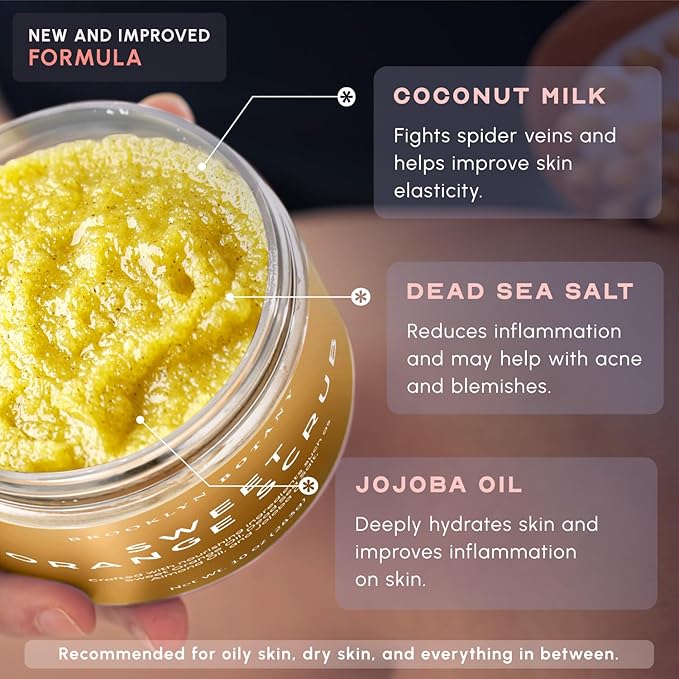 Brooklyn Botany Dead Sea Salt and Sweet Orange Body Scrub - Moisturizing and Exfoliating Body, Face, Hand, Foot Scrub - Fights Stretch Marks, Fine Lines, Wrinkles - Great Gifts for Women & Men - 10 oz