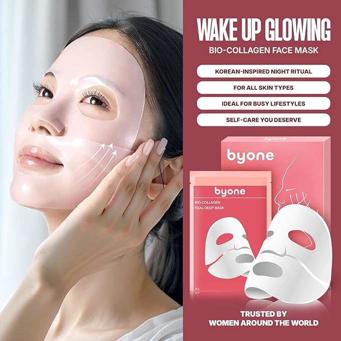 BYONE Bio Collagen Face Mask ā Hydrating & Anti-Aging Sheet Mask for Glowing Skin ā Natural Korean Skincare ā Firming, Moisturizing & Soothing ā 4 Pack