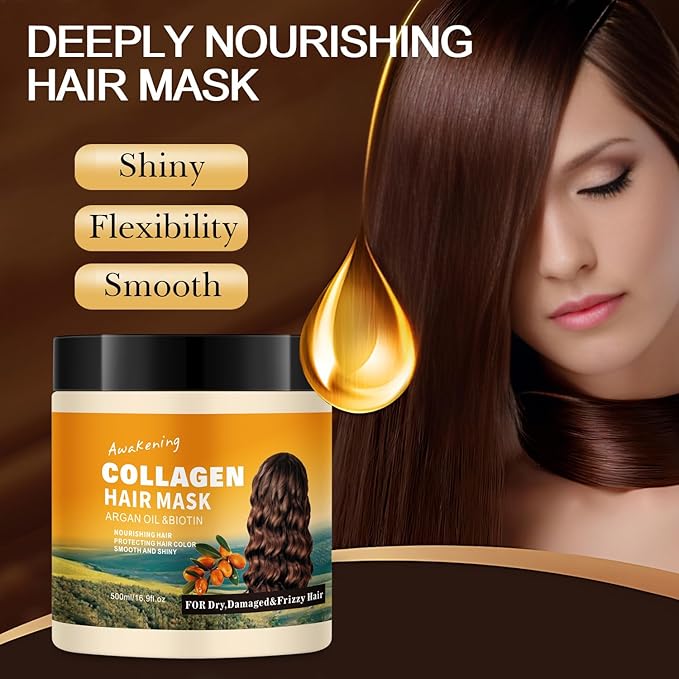 Collagen Hair Mask & Treatment – Deep Conditioner for Dry, Damaged, Frizzy, or Curly Hair – Repairing & Hydrating Care with Biotin, Argan Oil & Collagen – Paraben-Free, 16.9 Fl Oz