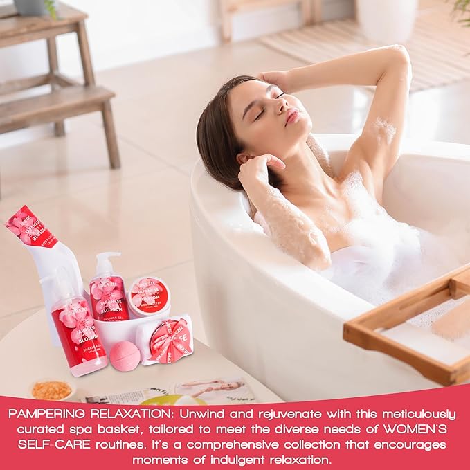 Draizee Mothers Day Gifts for Mom - Spa Gift Baskets for Women - 8 Pcs Luxury Cherry Blossom Scented Heel Shoe Design Bath and Body Spa Set-Self Care Package for Women, Presents for Mom, Body Care Set