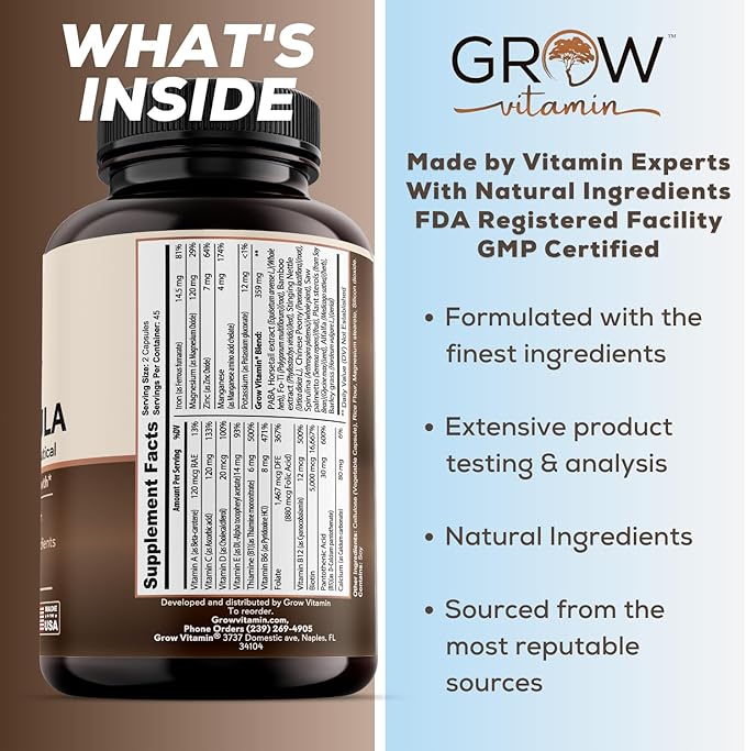 grow vitamin All in One Hair Formula for Men & Women - Advanced Hair Formula Includes Biotin, Saw Palmetto, DHT Blocker & Trace Minerals - Hair Supplement for Hair, Skin & Nails - 90 Capsules