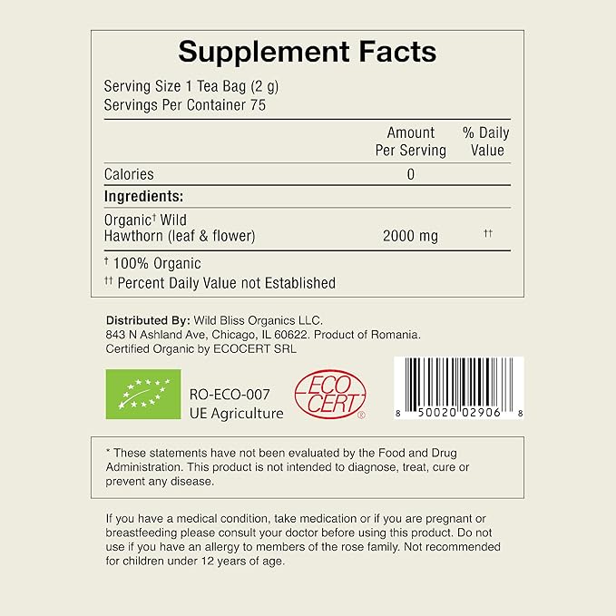 Organic Wild Hawthorn Leaf and Flower Herbal Tea - Caffeine Free - Pharmacopoeia Potency - 75 Plant Based Tea Bags