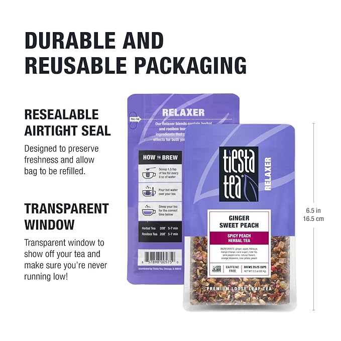 Tiesta Tea - Ginger Sweet Peach | Loose Leaf | Spicy Peach Herbal Tea | Non-Caffeinated Tranquility Blend | Bulk Herbal Leaves with Hibiscus & Cane Sugar | 25 Cups | 2.2 Ounce Resealable Pouch